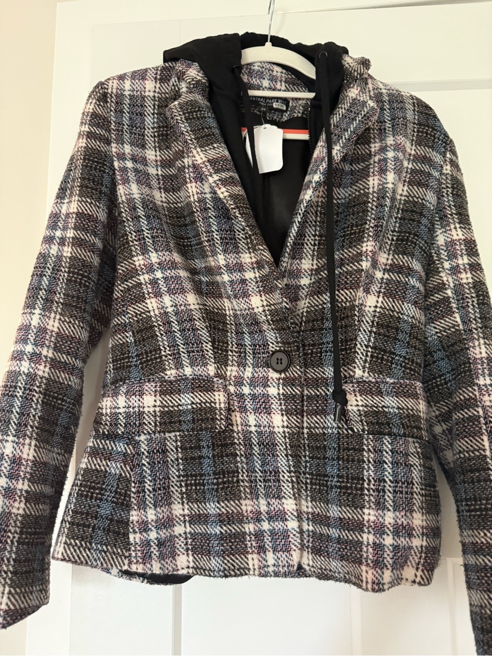 Central Park West Plaid Blazer with Hood - Black, Pink, Blue